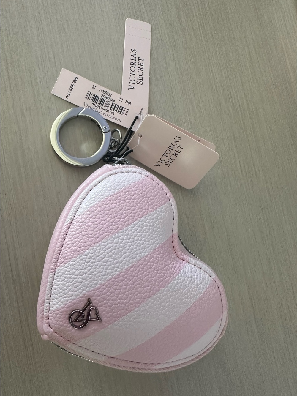 Victoria's Secret Pink & White Striped Heart Keychain Coin Purse - Picture 2 of 6